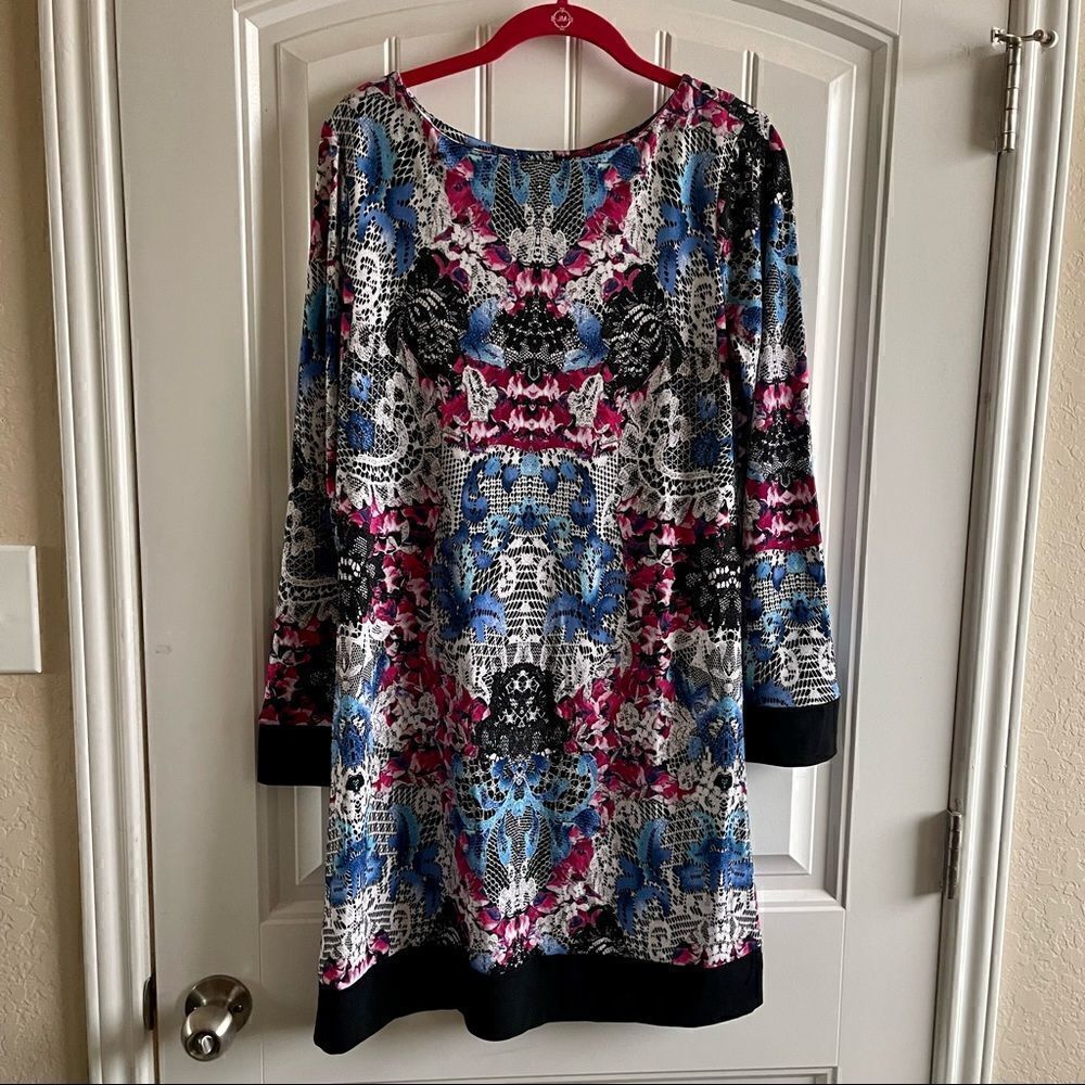 Nicole by Nicole Miller Boho Print Shift Dress Long Sleeve Black Blue M NWT